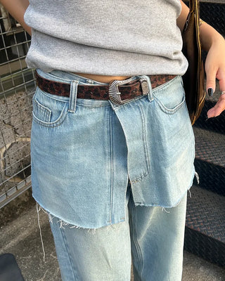Cut-off wrap skirt & wide-leg denim set