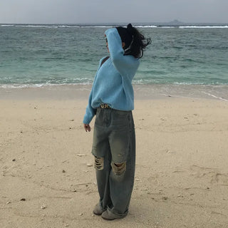 Distressed wide-leg denim pants