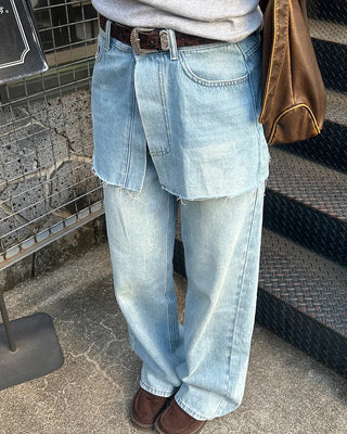 Cut-off wrap skirt & wide-leg denim set
