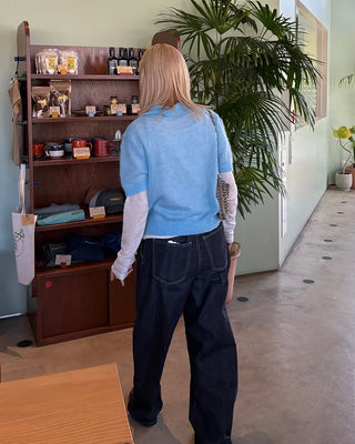 (Unisex) Two-pleat rigid denim pants