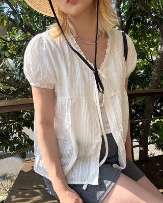 Striped front-open puff blouse