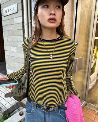 Round neck simple striped long T-shirt