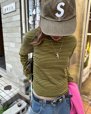 Round neck simple striped long T-shirt
