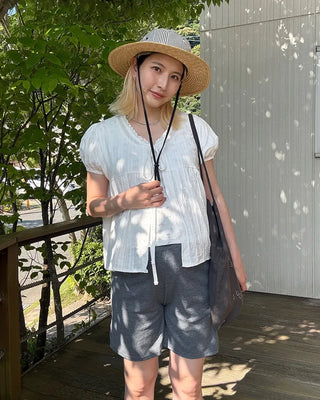 Striped front-open puff blouse