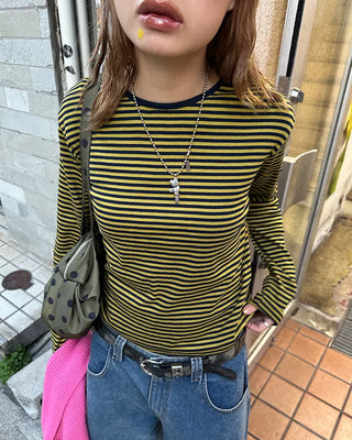 Round neck simple striped long T-shirt