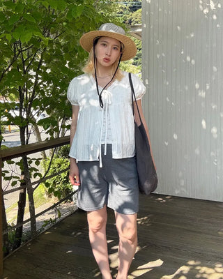 Striped front-open puff blouse