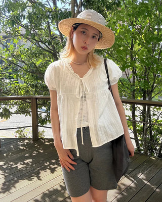 Striped front-open puff blouse