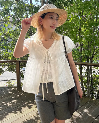 Striped front-open puff blouse