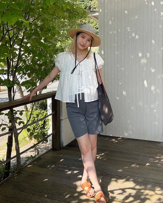 Striped front-open puff blouse