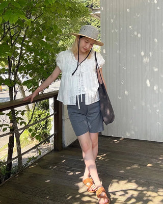 Striped front-open puff blouse
