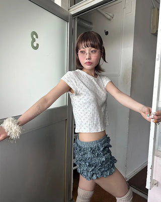 Mini Bear Slim Cropped Perforated T-Shirt