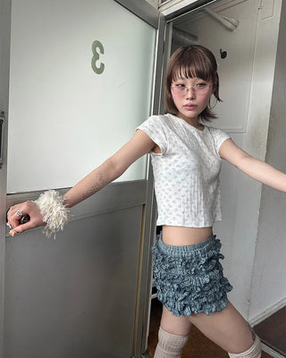 Mini Bear Slim Cropped Perforated T-Shirt