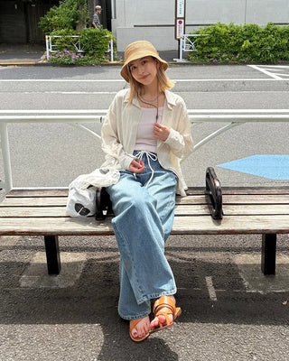 Straight-leg denim pants with string waistband
