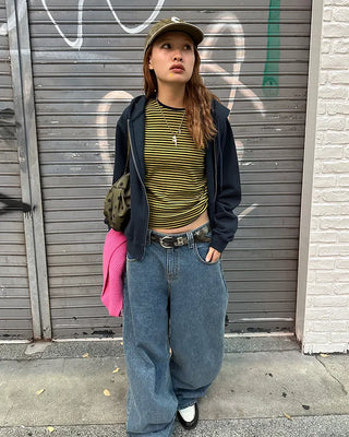 Round neck simple striped long T-shirt
