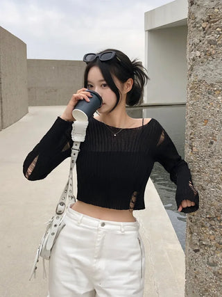 Summer distressed boat neck cropped knit (5 colors)