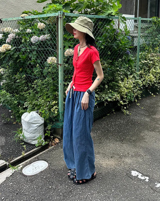 Denim wide-leg pants with elastic waistband and drawstring