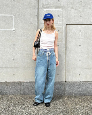 Straight-leg denim pants with string waistband