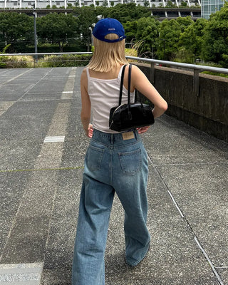 Straight-leg denim pants with string waistband