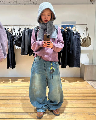 (Unisex) Center Seam Washed Balloon Denim Pants
