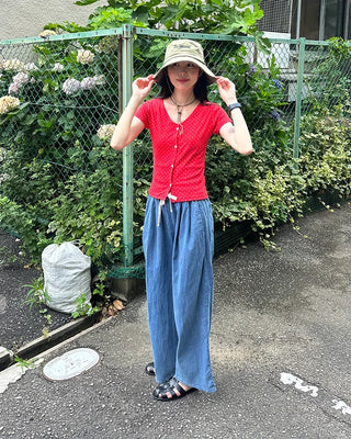 Denim wide-leg pants with elastic waistband and drawstring