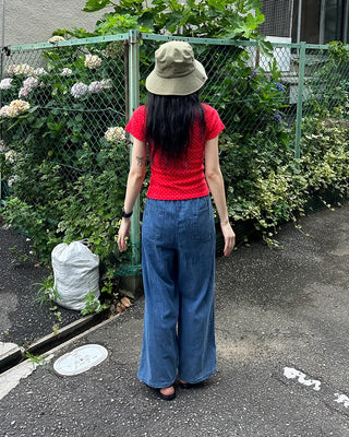 Denim wide-leg pants with elastic waistband and drawstring