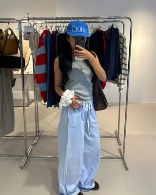 Drawstring two-tone striped wide-leg pants