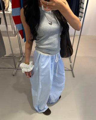 Drawstring two-tone striped wide-leg pants
