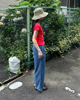 Denim wide-leg pants with elastic waistband and drawstring