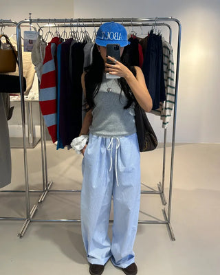 Drawstring two-tone striped wide-leg pants