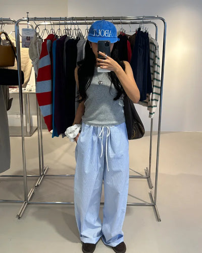 Drawstring two-tone striped wide-leg pants