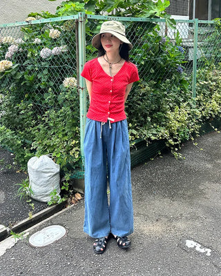 Denim wide-leg pants with elastic waistband and drawstring