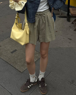 Two-line track elastic waist shorts