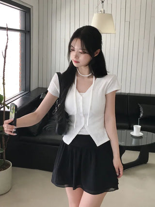Slim Tie Short-Sleeve Cardigan Set