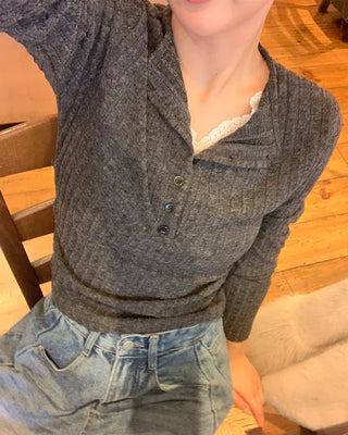 Lace-layered button-detail T-shirt