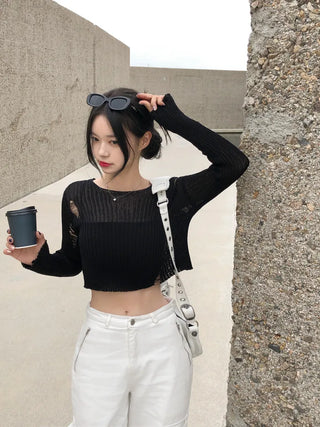 Summer distressed boat neck cropped knit (5 colors)