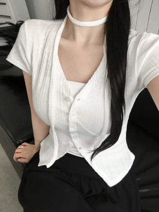 Slim Tie Short-Sleeve Cardigan Set