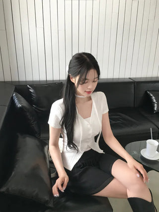 Slim Tie Short-Sleeve Cardigan Set