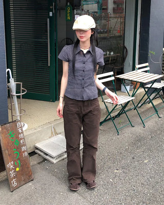 Checked Shirring Short-Sleeve Shirt