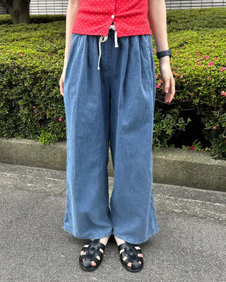 Denim wide-leg pants with elastic waistband and drawstring