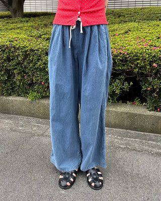 Denim wide-leg pants with elastic waistband and drawstring