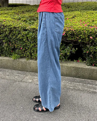 Denim wide-leg pants with elastic waistband and drawstring