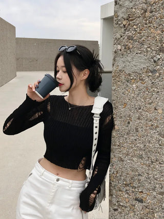 Summer distressed boat neck cropped knit (5 colors)