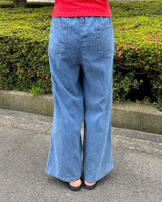 Denim wide-leg pants with elastic waistband and drawstring