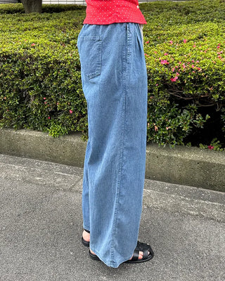 Denim wide-leg pants with elastic waistband and drawstring