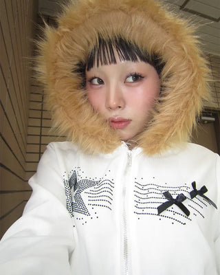Ribbon Shooting Star Double Zip Fur Hoodie