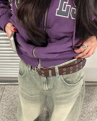 Double eyelet square buckle leather belt