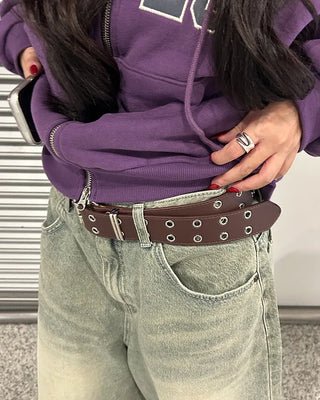 Double eyelet square buckle leather belt