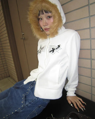 Ribbon Shooting Star Double Zip Fur Hoodie