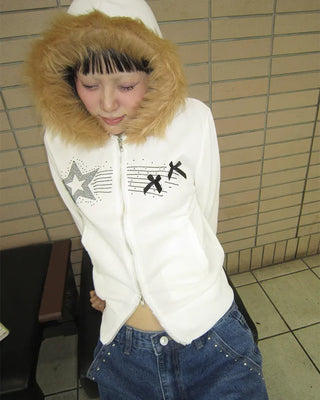 Ribbon Shooting Star Double Zip Fur Hoodie