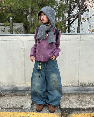 (Unisex) Center Seam Washed Balloon Denim Pants